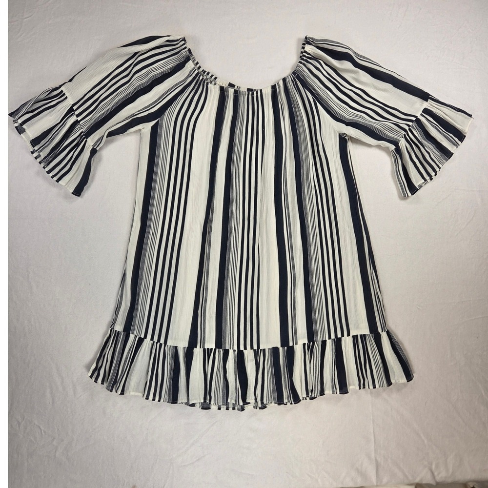 Frazzle Black White Stripped Tunic Shirt Dress 3/4 Ruffle Frill Sleeve Light L
